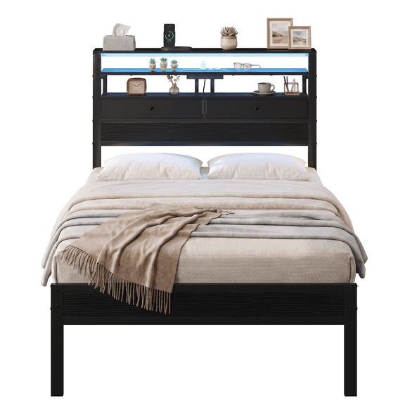 EDX Twin Size Bed Frame with 2 Drawers and 3-tier Shelves, Platform Bedframe with Charging Station & LED Lights, No Box Spring Needed