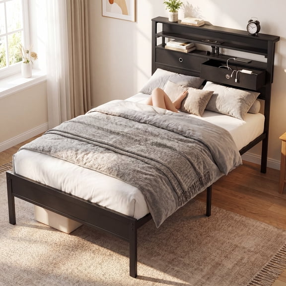 EDX Twin Size Bed Frame with 2 Drawers and 3-tier Shelves, Platform Bedframe with Charging Station & LED Lights, No Box Spring Needed