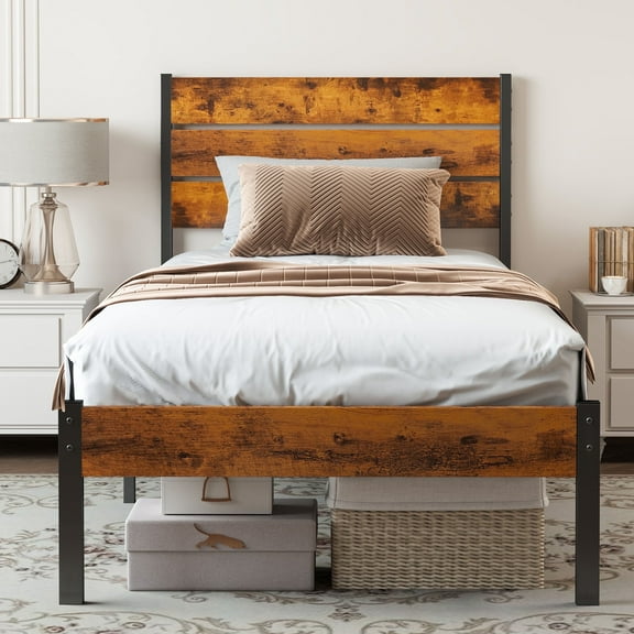 EDX Twin Size Metal Bed Frame with Industrial Wooden Headboard, Ample Storage, Noise-Free Design, Sturdy Steel Slat Support, Rustic Brown