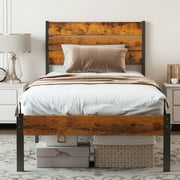 EDX Twin Size Metal Bed Frame with Industrial Wooden Headboard, Ample Storage, Noise-Free Design, Sturdy Steel Slat Support, Rustic Brown