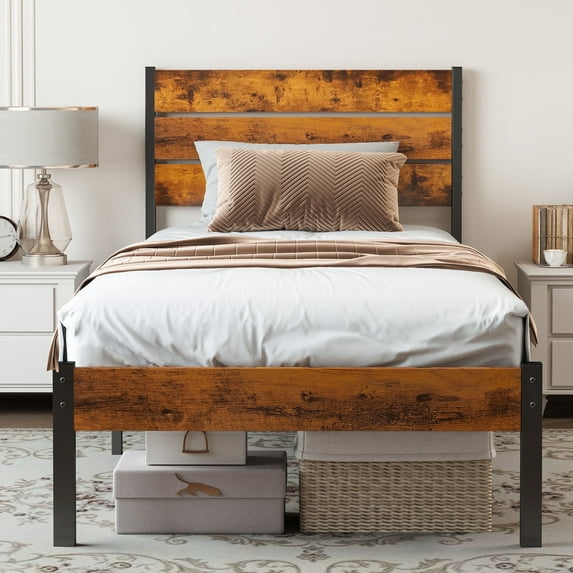 EDX Twin Size Metal Bed Frame with Industrial Wooden Headboard, Ample Storage, Noise-Free Design, Sturdy Steel Slat Support, Rustic Brown