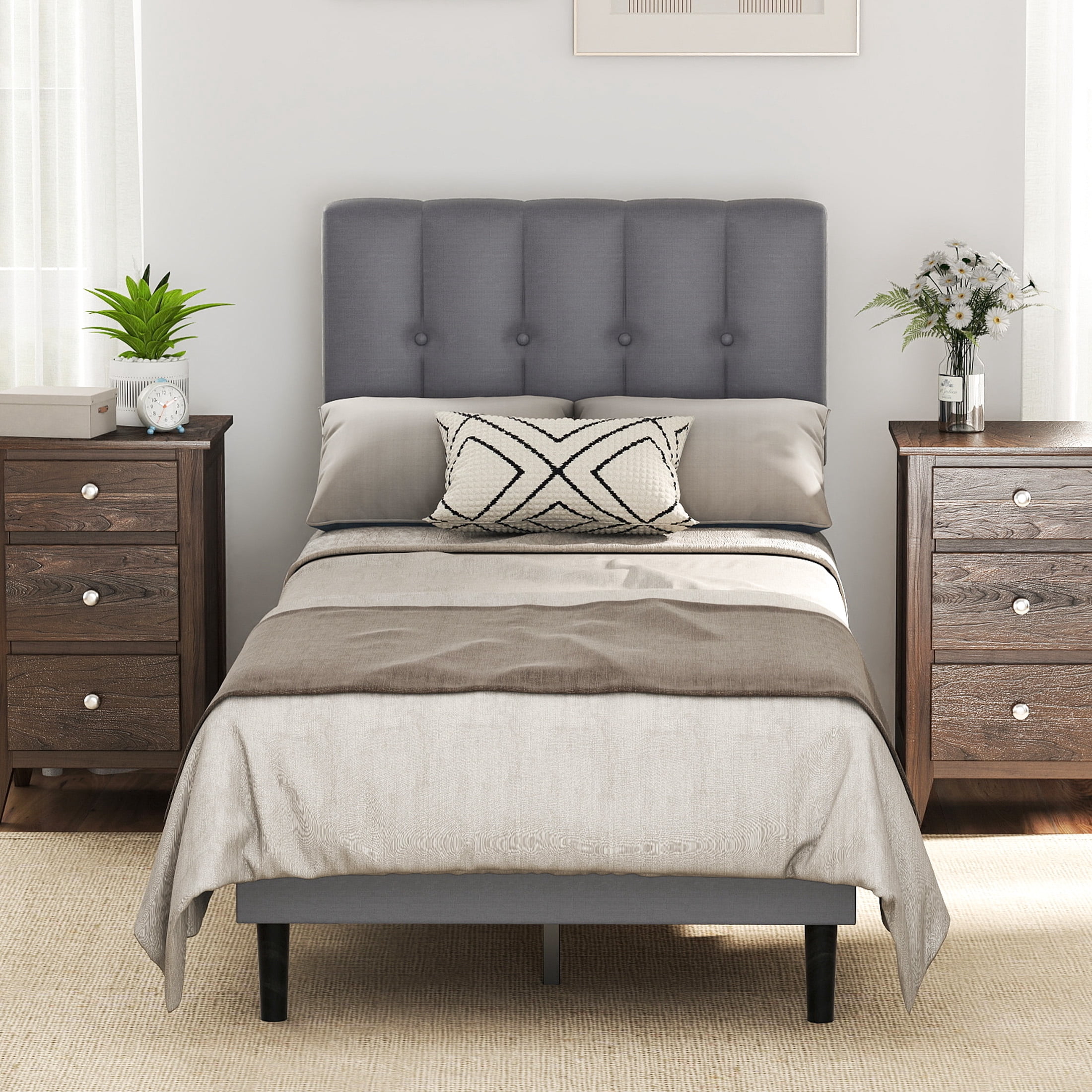 EDX Twin Size Platform Bed Frame, Fully Upholstered Mattress Foundationwith Fabric Upholstered Headboard and Wooden Slats Support, No Box Spring Needed, Grey