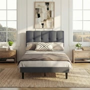 EDX Twin Size Platform Bed Frame, Fully Upholstered Mattress Foundationwith Fabric Upholstered Headboard and Wooden Slats Support, No Box Spring Needed, Grey