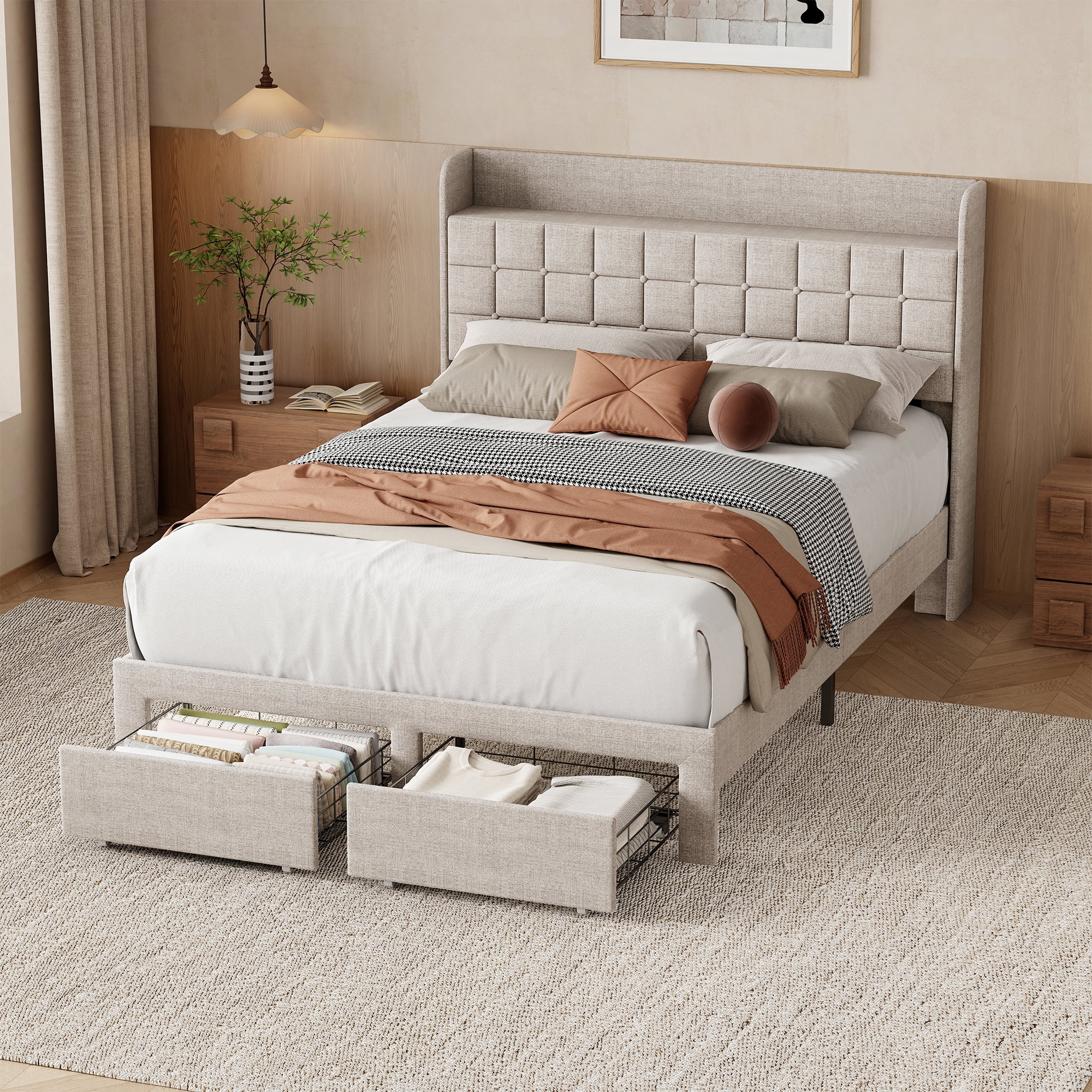 EDX Full Upholstered Platform Bed Frame with Storage Drawers and Fabric Headboard, Steel Support Frame, Beige