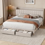 EDX King Upholstered Platform Bed Frame with Storage Drawers and Fabric Headboard, Steel Support Frame, Beige