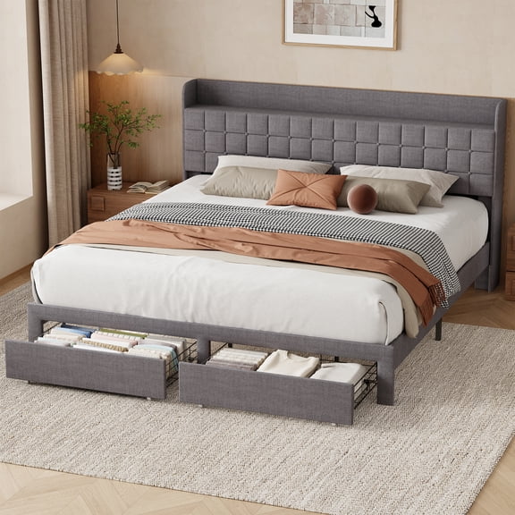 EDX King Upholstered Platform Bed Frame with Storage Drawers and Fabric Headboard, Steel Support Frame, Gray