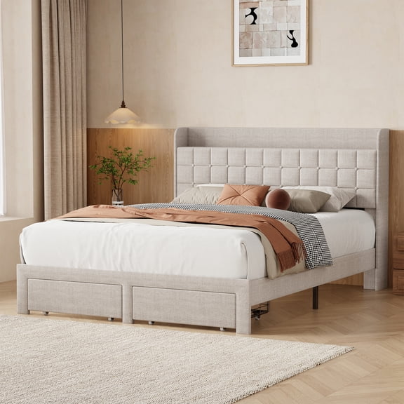 EDX Queen Upholstered Platform Bed Frame with Storage Drawers and Fabric Headboard, Steel Support Frame, Beige