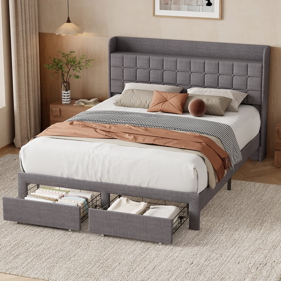 EDX Queen Upholstered Platform Bed Frame with Storage Drawers and Fabric Headboard, Steel Support Frame, Gray