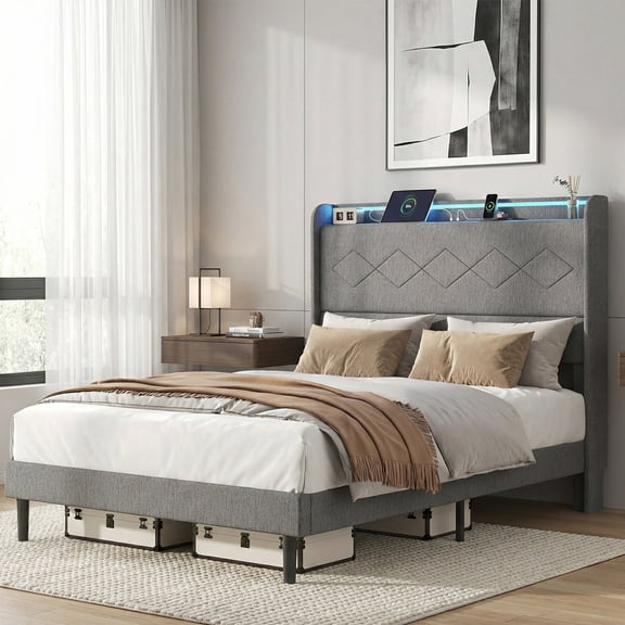 edx Upholstered Full Bed Frame with Height-Adjustable Headboard, 3 USB Charging Ports, LED Light Strip & Bluetooth Controller, Gray