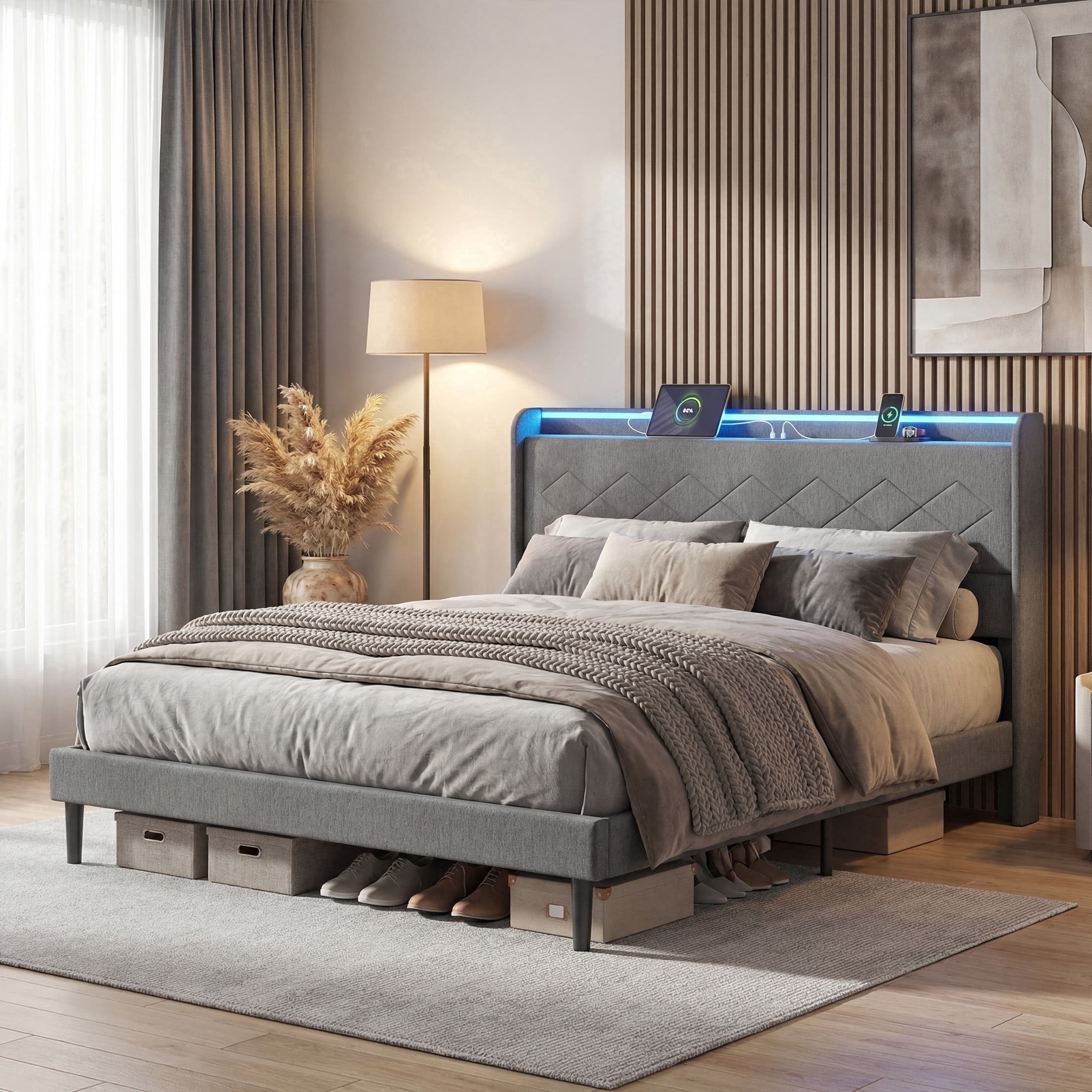 edx Upholstered King Bed Frame with Height-Adjustable Headboard, 3 USB Charging Ports, LED Light Strip & Bluetooth Controller, Gray