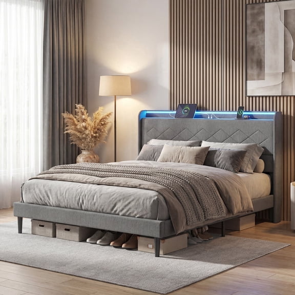 edx Upholstered King Bed Frame with Height-Adjustable Headboard, 3 USB Charging Ports, LED Light Strip & Bluetooth Controller, Gray
