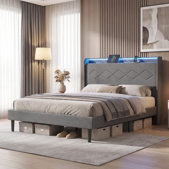 edx Upholstered Queen Bed Frame with Height-Adjustable Headboard, 3 USB Charging Ports, LED Light Strip & Bluetooth Controller, Gray