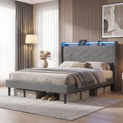 edx Upholstered Queen Bed Frame with Height-Adjustable Headboard, 3 USB Charging Ports, LED Light Strip & Bluetooth Controller, Gray