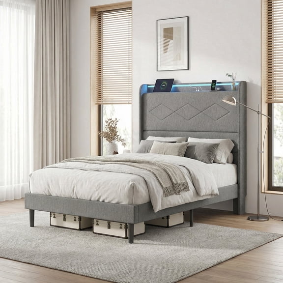 edx Upholstered Twin Bed Frame with Height-Adjustable Headboard, 3 USB Charging Ports, LED Light Strip & Bluetooth Controller, Gray