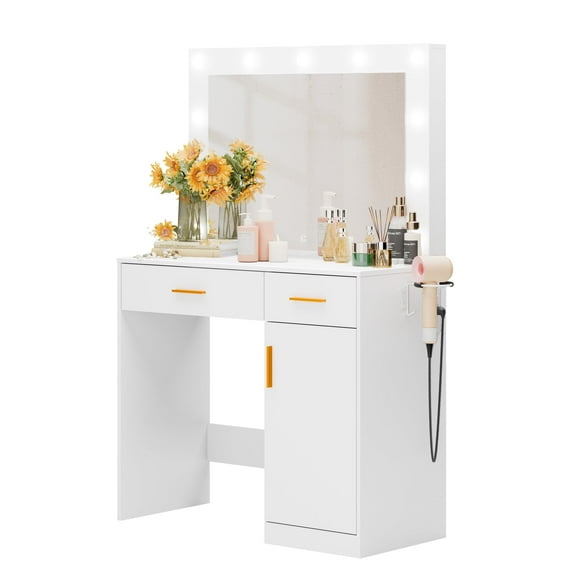EDX Vanity Desk with Mirror and Lights, Makeup Vanity Table with Hair Dryer & Power Outlet, 2-Drawer Dressing Table for Bedroom,White