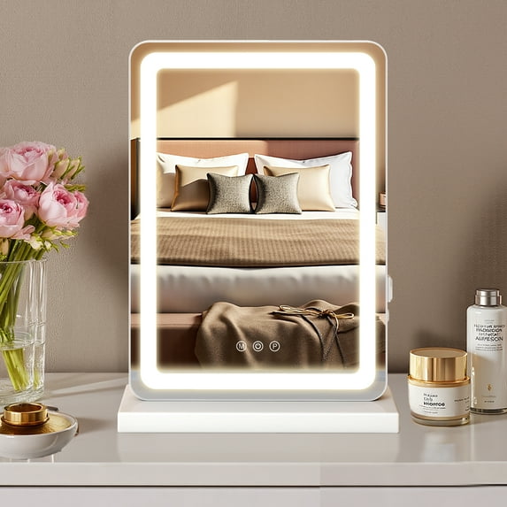 EDX Vanity Mirror with Lights, 17" x 19" LED Makeup Mirror with Dimmable 3 Color Modes, Touch Screen Control Vanity Based Mirror Desk Mirror Square White