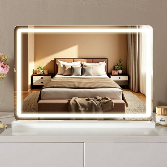 EDX Vanity Mirror with Lights, 19" x 22" LED Makeup Mirror with Dimmable 3 Color Modes, Touch Screen Control Vanity Based Mirror Desk Mirror Square White