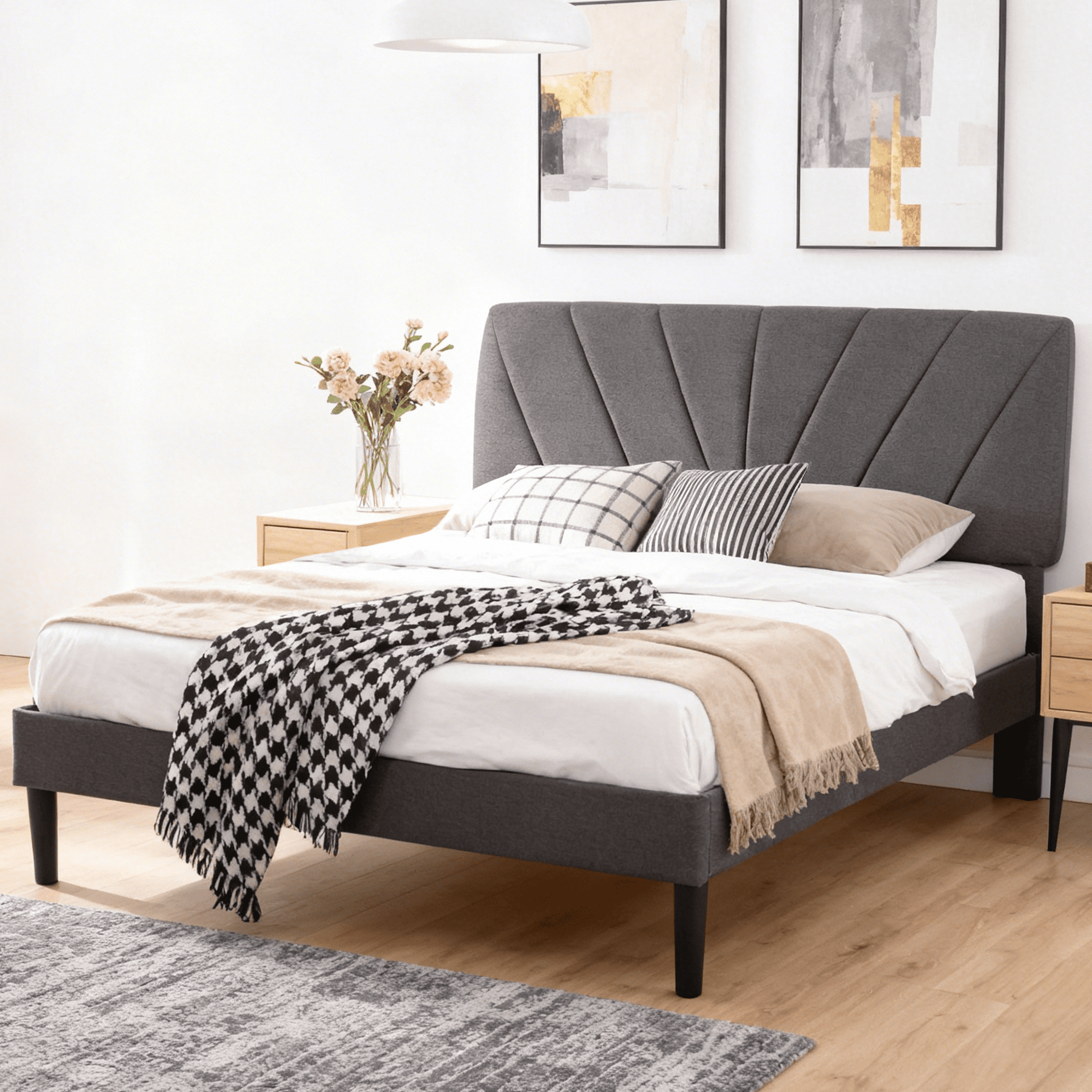 EDX Queen Bed Frame with Upholstered Adjustable Headboard, Heavy Duty Platform, No Box Spring, Grey