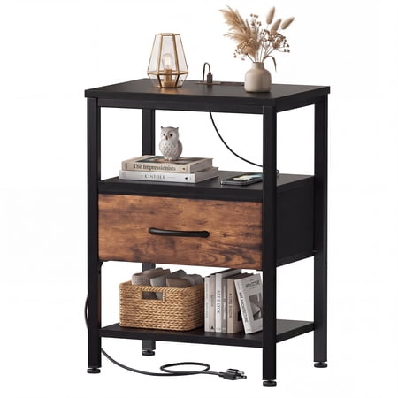 EDX Bedside Table, Built-in Outlet with USB/Type-C Ports and Adjustable Drawer, 3-Tier Storage Shelf with Fabric Drawer for Bedroom Space Saving, Black+Genuine antique wood color