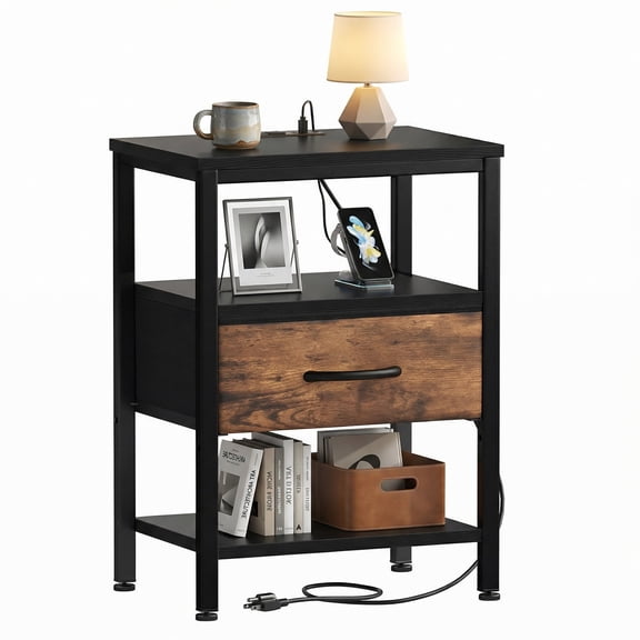 EDX Wall-Mounted Bedside Table, Built-in Outlet with USB/Type-C Ports and Adjustable Drawer, 3-Tier Storage Shelf with Fabric Drawer for Bedroom Space Saving, Black+Genuine antique wood color
