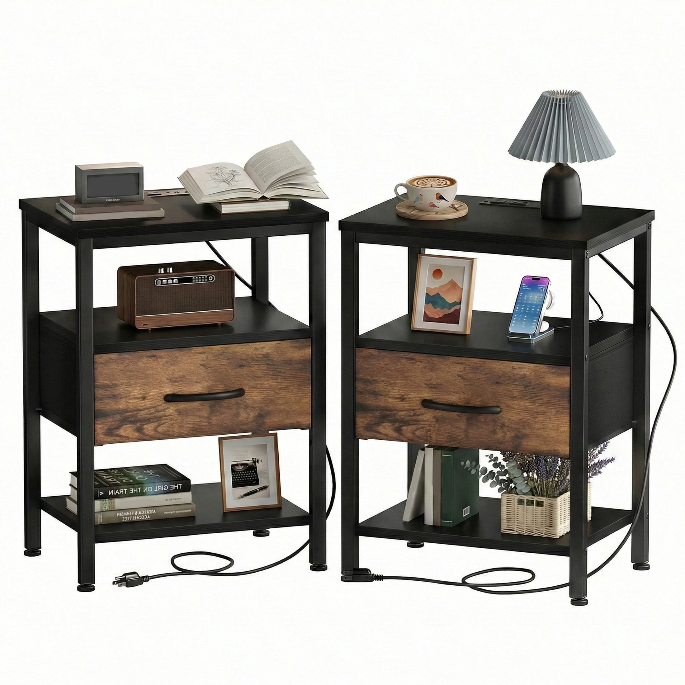EDX Wall-Mounted Bedside Table, Built-in Outlet with USB/Type-C Ports and Adjustable Drawer, 3-Tier Storage Shelf with Fabric Drawer for Bedroom Space Saving, Black+Genuine antique wood color