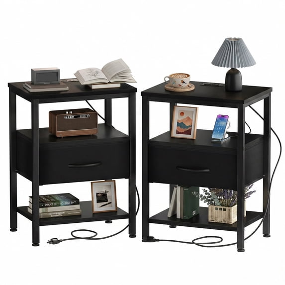 EDX Wall-Mounted Bedside Table, Built-in Outlet with USB/Type-C Ports and Adjustable Drawer, 3-Tier Storage Shelf with Fabric Drawer for Bedroom Space Saving, Black