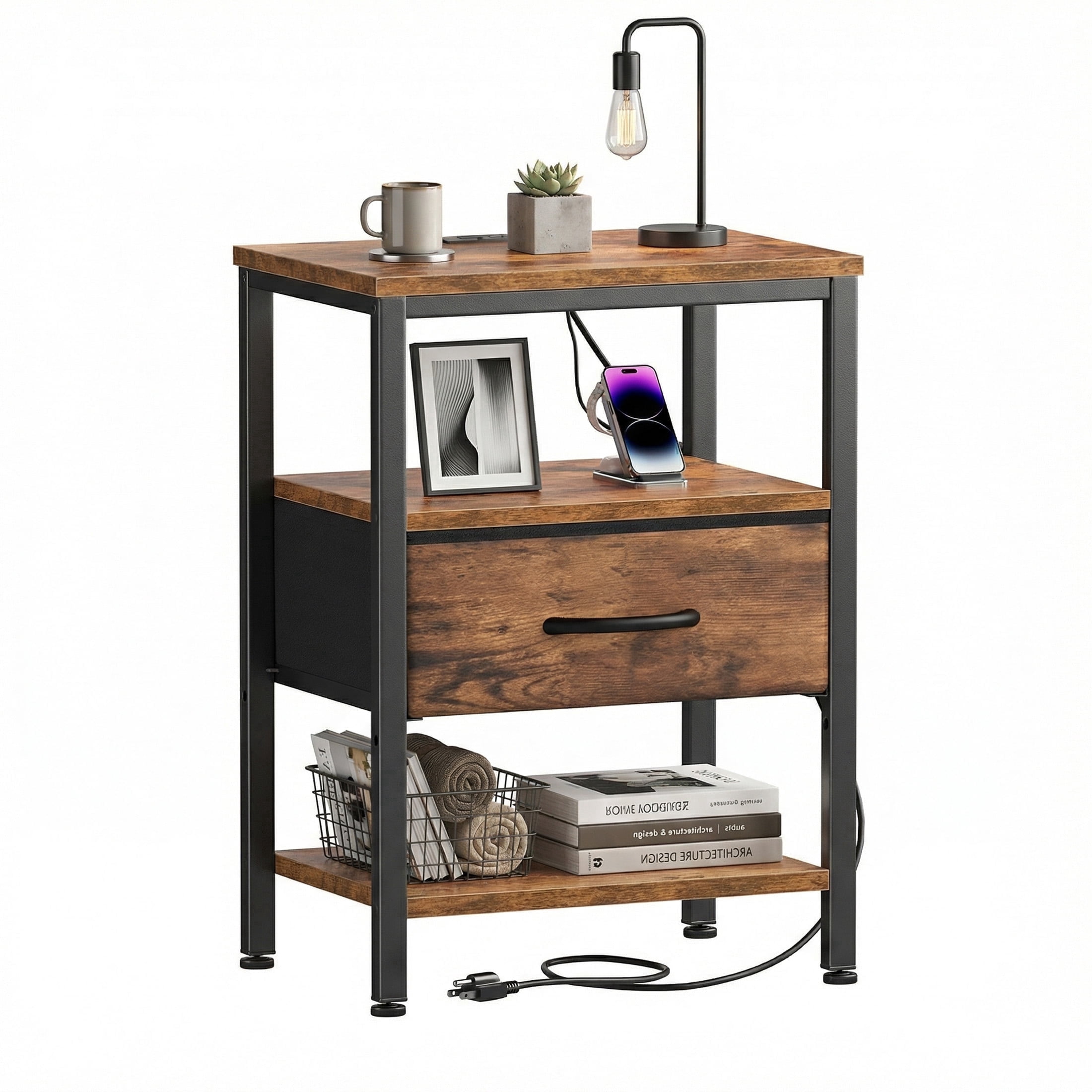 EDX Wall-Mounted Bedside Table, Built-in Outlet with USB/Type-C Ports and Adjustable Drawer, 3-Tier Storage Shelf with Fabric Drawer for Bedroom Space Saving, Genuine antique wood color