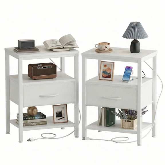 EDX Bedside Table, Built-in Outlet with USB/Type-C Ports and Adjustable Drawer, 3-Tier Storage Shelf with Fabric Drawer for Bedroom Space Saving, White