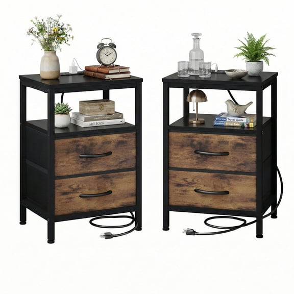 EDX Wall-mounted bedside table, featuring a built-in socket with USB/Type-C interface and adjustable drawers (two). Suitable for bedroom. Black+Genuine antique wood color