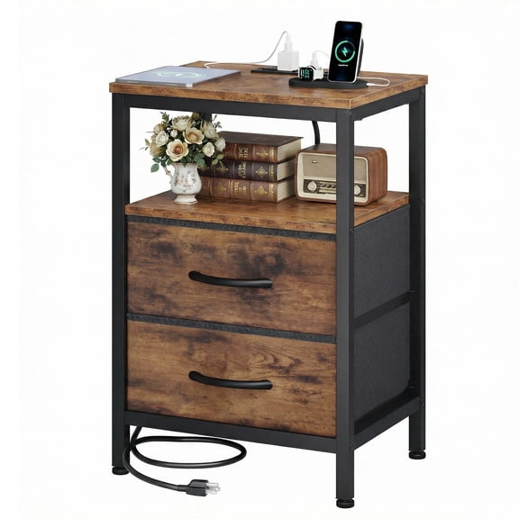 EDX bedside table, featuring a built-in socket with USB/Type-C interface and adjustable drawers (two). Suitable for bedroom space-saving design. Genuine antique wood color