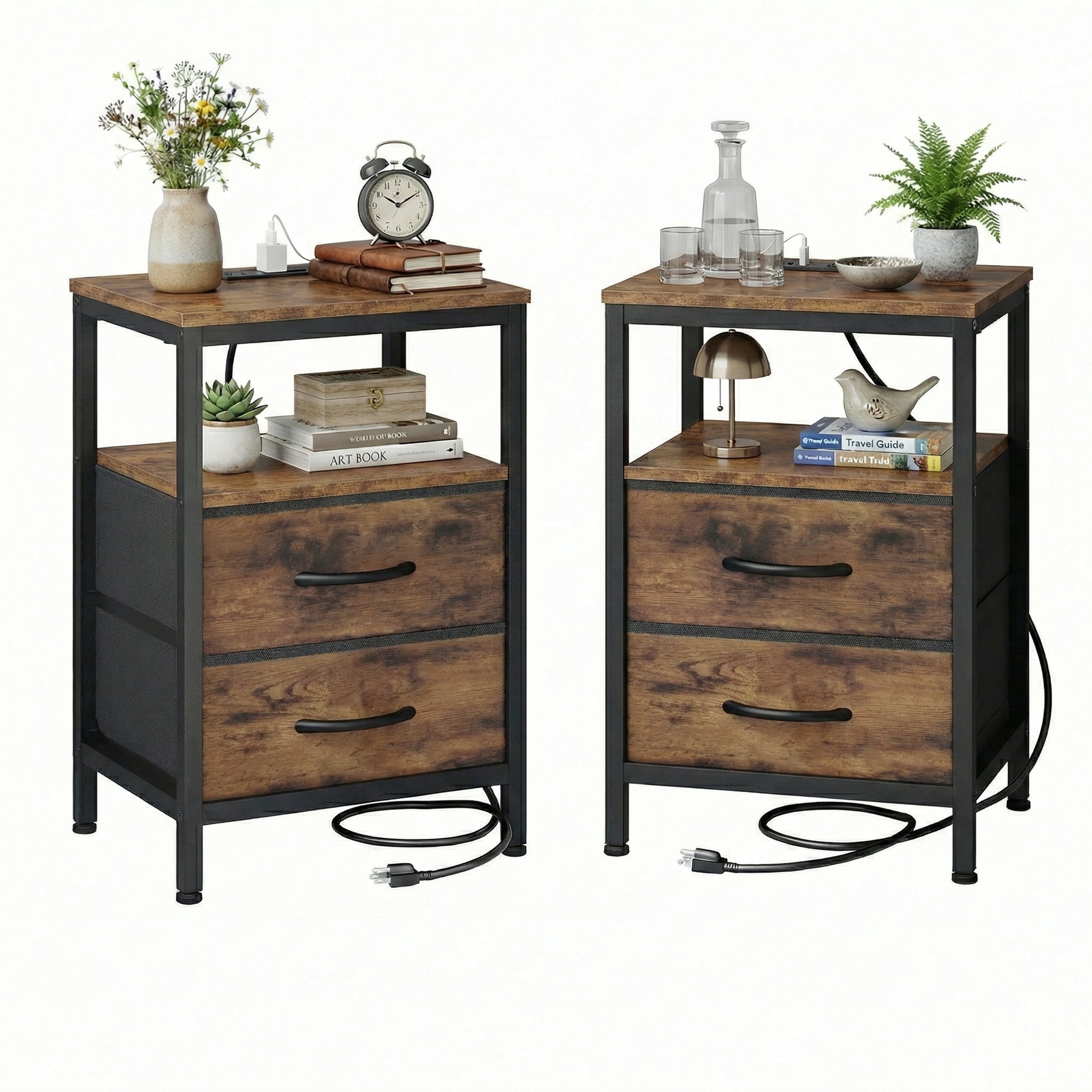 EDX Wall-mounted bedside table, featuring a built-in socket with USB/Type-C interface and adjustable drawers (two). Suitable for bedroom space-saving design. Genuine antique wood color