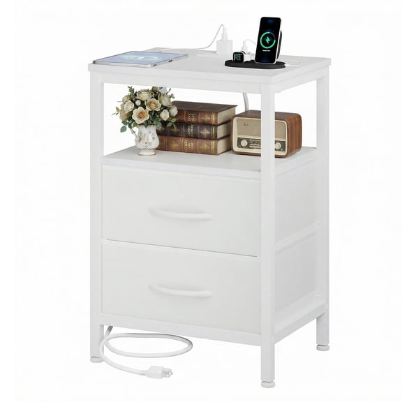 EDX bedside table, featuring a built-in socket with USB/Type-C interface and adjustable drawers (two). Suitable for bedroom space-saving design. White