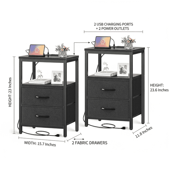 EDX Wall-mounted bedside table, featuring a built-in socket with USB/Type-C interface and adjustable drawers (two drawers). Suitable for bedroom space-saving design. Black