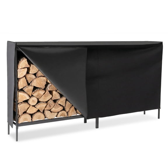 EDX 8 ft Black Firewood Rack with Waterproof Cover, Steel Log Holder for Patio and Garage,Black