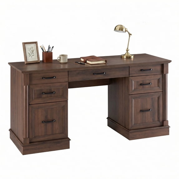 EDX Wood Computer Writing Desk Farmhouse Executive Desk, Rustic Office Desk with Charging Station and Keyboard Tray,Home Workstations with File Drawer, Storage Cabinet, Brown