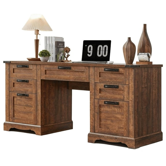EDX Wood Computer Writing Desk Farmhouse Executive Desk, Rustic Office Desk with Charging Station and Keyboard Tray,Home Workstations with File Drawer, Storage Cabinet, Brown