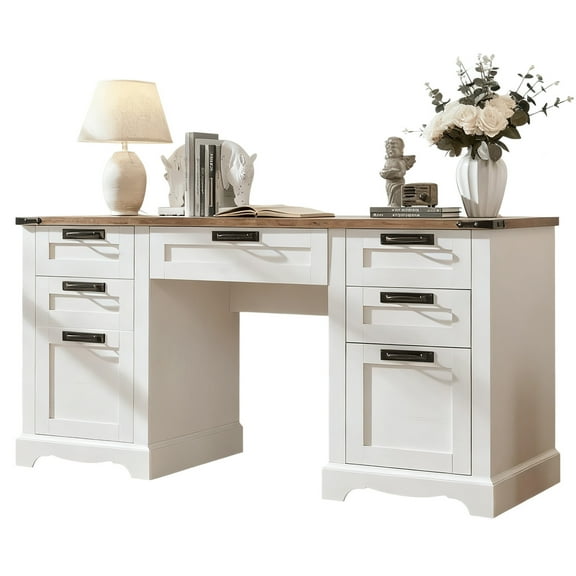 EDX Wood Computer Writing Desk Farmhouse Executive Desk, Rustic Office Desk with Charging Station and Keyboard Tray,Home Workstations with File Drawer, Storage Cabinet, White