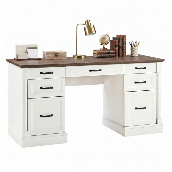 EDX Wood Computer Writing Desk Farmhouse Executive Desk, Rustic Office Desk with Charging Station and Keyboard Tray,Home Workstations with File Drawer, Storage Cabinet, White