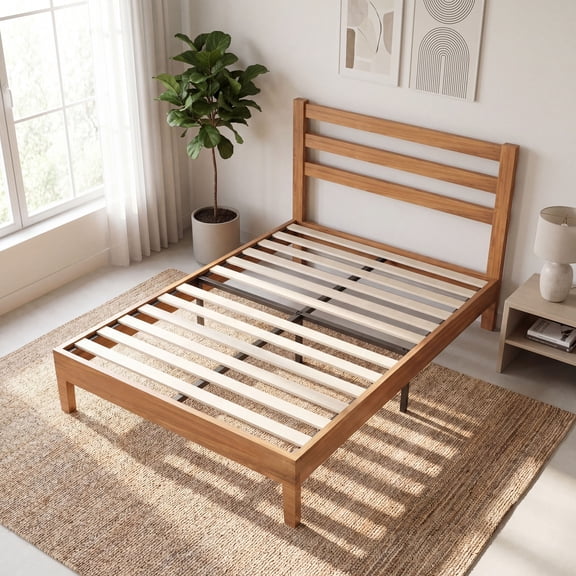 EDX Wood Twin Size Bed Frame with Headboard - Walnut Finish, Solid Wood Slat Support System, No Box Spring Required