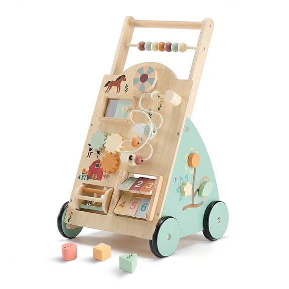 EDX Wooden Baby Walker, Adjustable Speed Montessori Learning Toy with Activity Center, Silent Rubber Wheels for Babies 12 Months, Natural