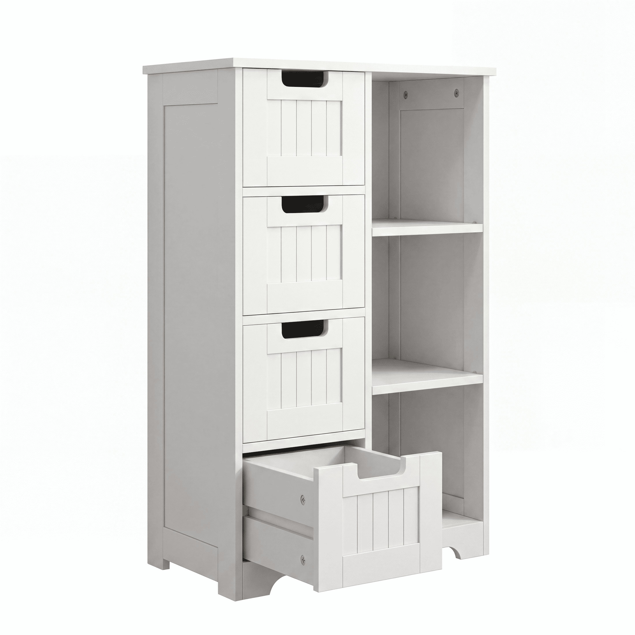 EDX Wooden Bathroom Floor Cabinet, Side Storage Organizer with 4 Drawers, 1 Cupboard & 2-Shelves, White