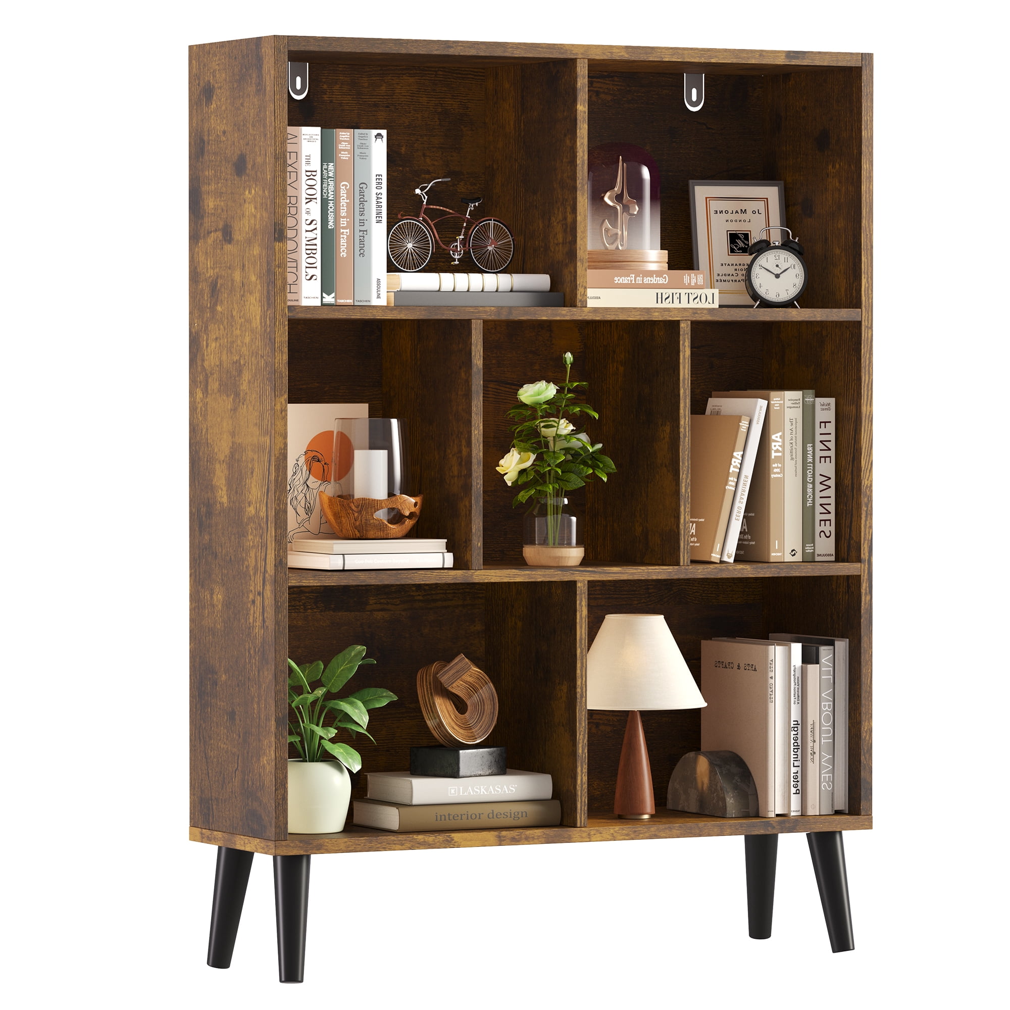 EDX Wooden Cube Bookshelf, Open 3-Tier Bookcase with Legs, Freestanding Bookshelves Storage Organizer Shelf, for Bedroom, Living Room, Office, Rustic Brown
