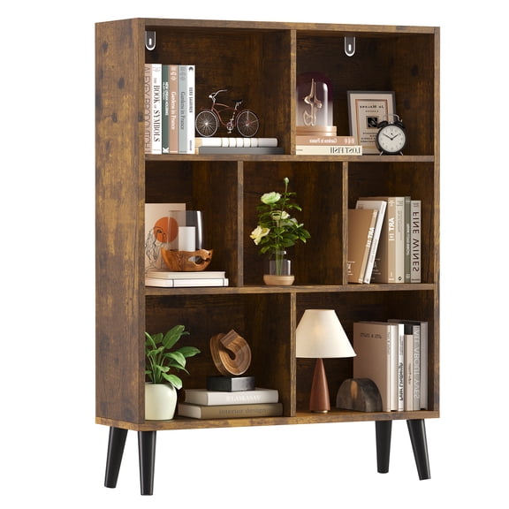 EDX Wooden Cube Bookshelf, Open 3-Tier Bookcase with Legs, Freestanding Bookshelves Storage Organizer Shelf, for Bedroom, Living Room, Office, Rustic Brown