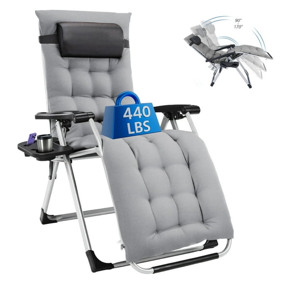 EDX Zero Gravity Chair, Reclining Camping Lounge Chair with Removable Cushion, Headrest and Cup Holder Trays, Folding Patio Recliner for Indoor&Outdoor Use, 440LBS Capacity, Gray