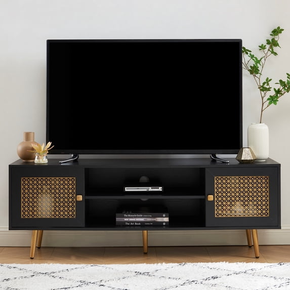 EDYO LIVING 65" Mid Century Modern Black TV Stand with Open Shelf, Boho Entertainment Center, TV Media Console Table for Living Room