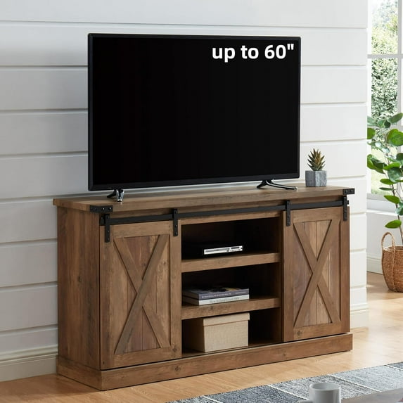 EDYO LIVING Farmhouse TV Stand for 60 Inch TV, Wood TV Stand with Sliding Barn Door, Entertainment Center with Storage Cabinet, Rustic Media Console for Living Room Bedroom, Rustic Oak