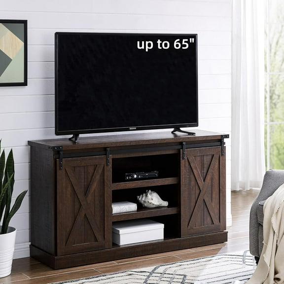 EDYO LIVING Farmhouse TV Stand for 65 Inch TV, Wood TV Stand with Sliding Barn Door, Entertainment Center with Storage Cabinet, Rustic Media Console for Living Room Bedroom, Espresso