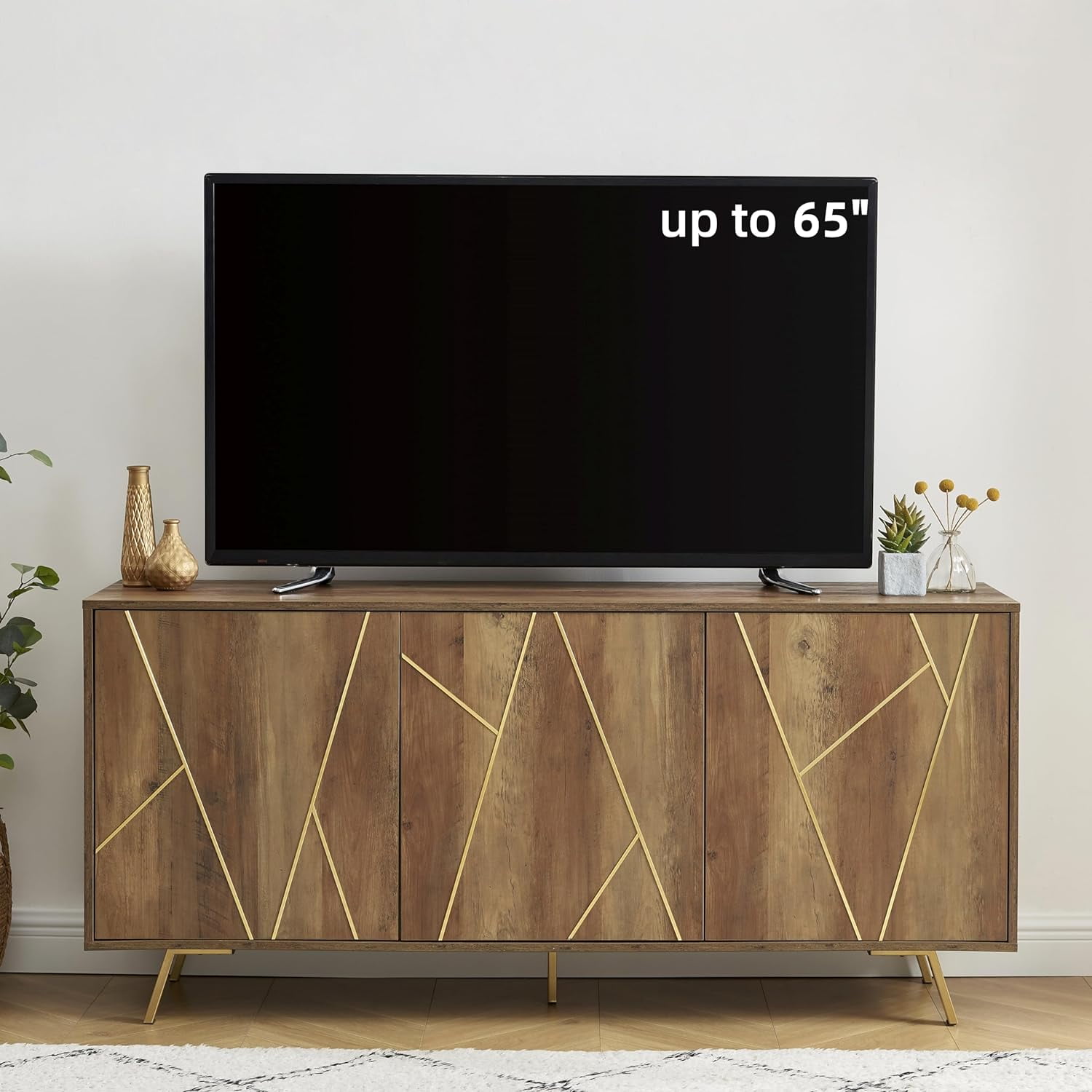 Mid-Century Modern TV Stand with Cabinet Storage and Shelves, Accommodates up to 65-Inch Television