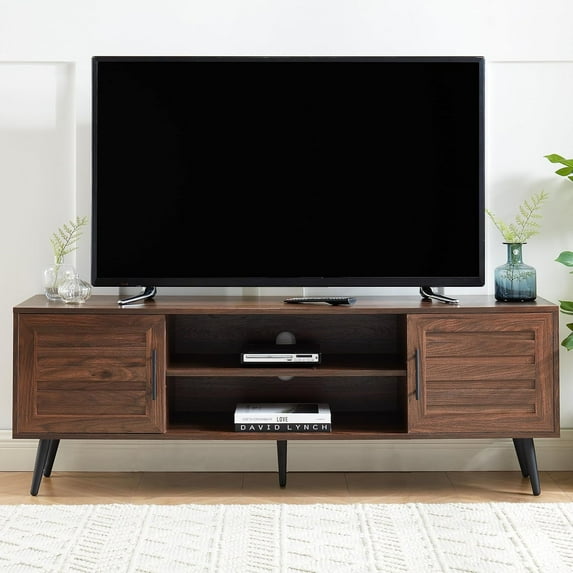 EDYO LIVING Mid Century Style Modern Walnut TV Stand for 65 inch tv, Wood Entertainment Center with Storage Cabinet and Open Shelf, TV Media Console Table for Living Room, Dark Brown