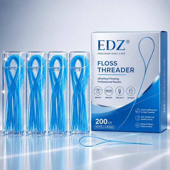 EDZ Floss Threaders for Braces, Bridges & Implants, Dental Floss Threaders for Orthodontic Care, Soft Flexible Loop, Easy Threading, 200 Count, Blue